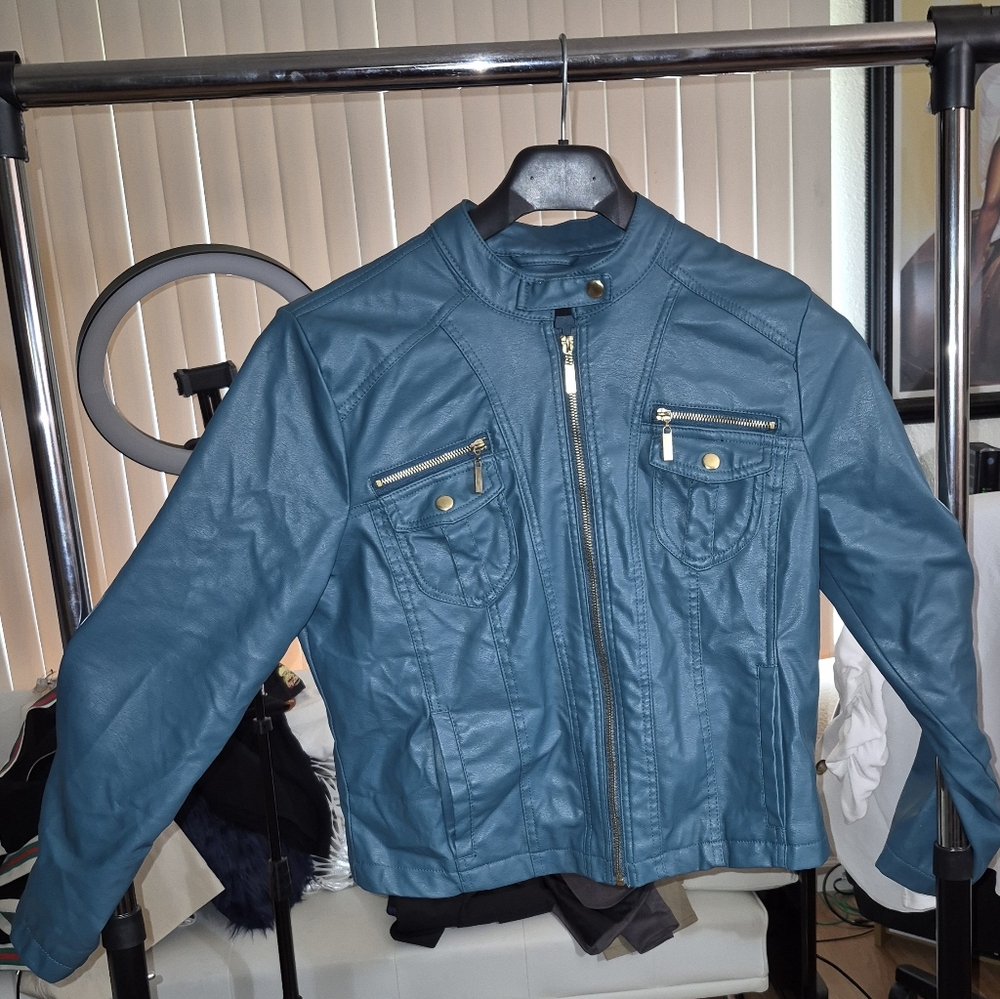 Women's Teal Faux Leather Jacket